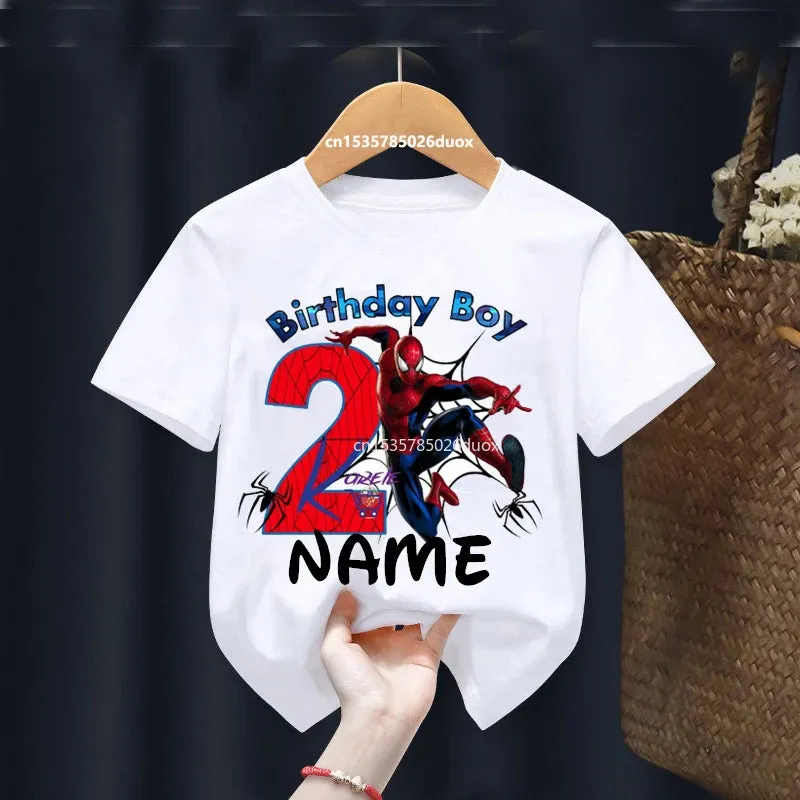 Summer 2024 Kid 2 3 4 5 6 7 8 Marvel Spiderman Girl Birthday Short Sleeve Shirt Spiderman Personalize Name Birthday Boy T-shirt