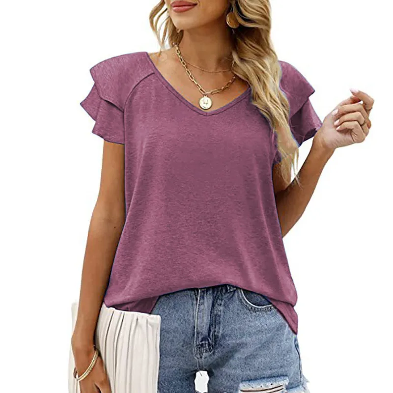 Summer Solid V-Neck Double Ruffle Sleeve Loose T-Shirt