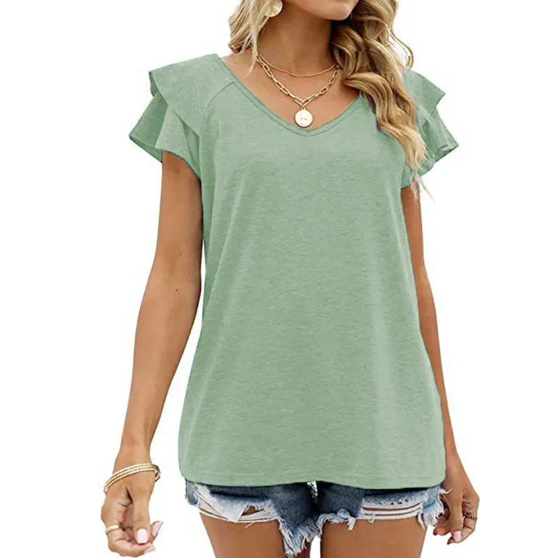 Summer Solid V-Neck Double Ruffle Sleeve Loose T-Shirt