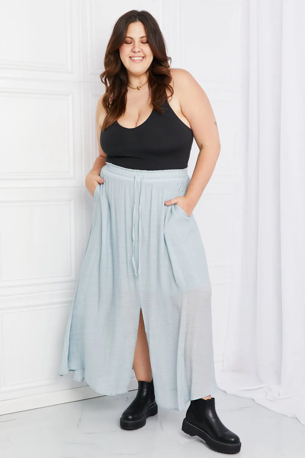 Sweet Lovely by Jen Full Size Leaps and Bounds Slit Maxi Skirt in Misty Blue