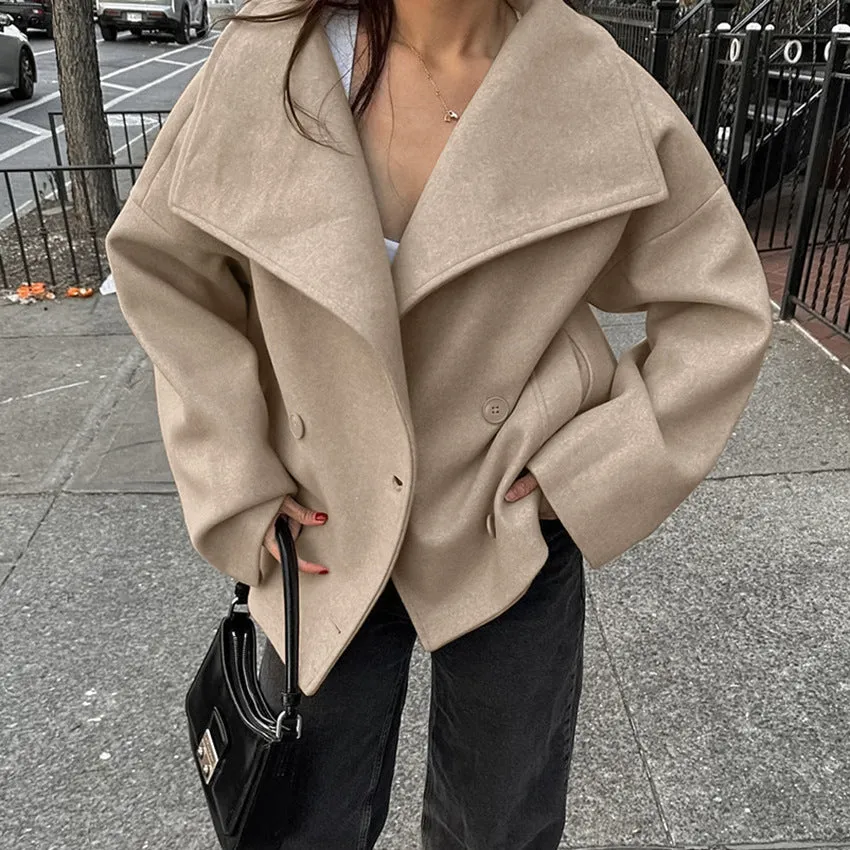 TAVIMART  -  2024 fall fashion trends Commuter French Style Khaki Woolen Coat Women's Winter High-Grade Thickened Double-Breasted Lapel Coat Women's Clothing