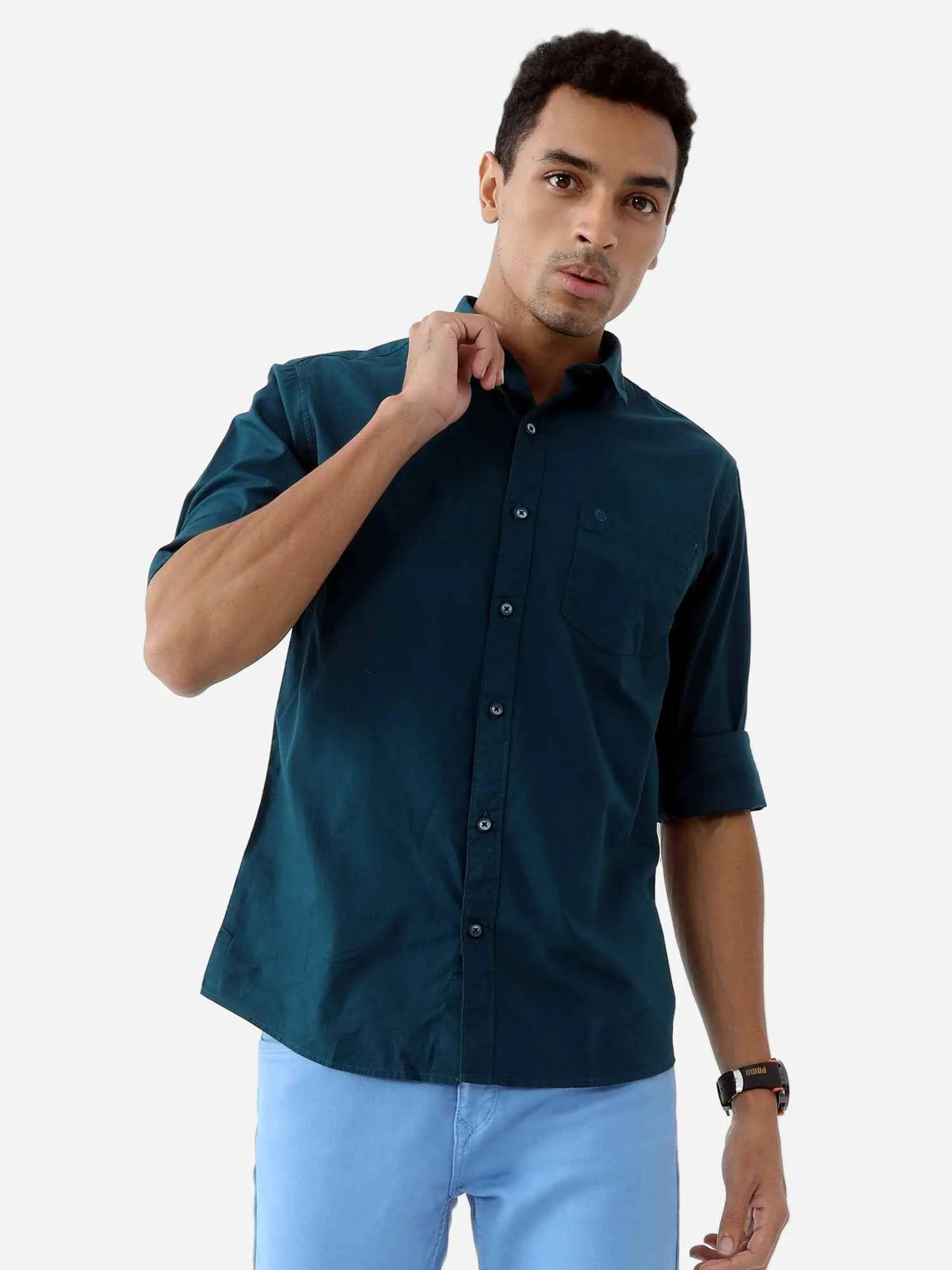 Teal Blue Solid Cotton Shirt Full Sleeve Shirt