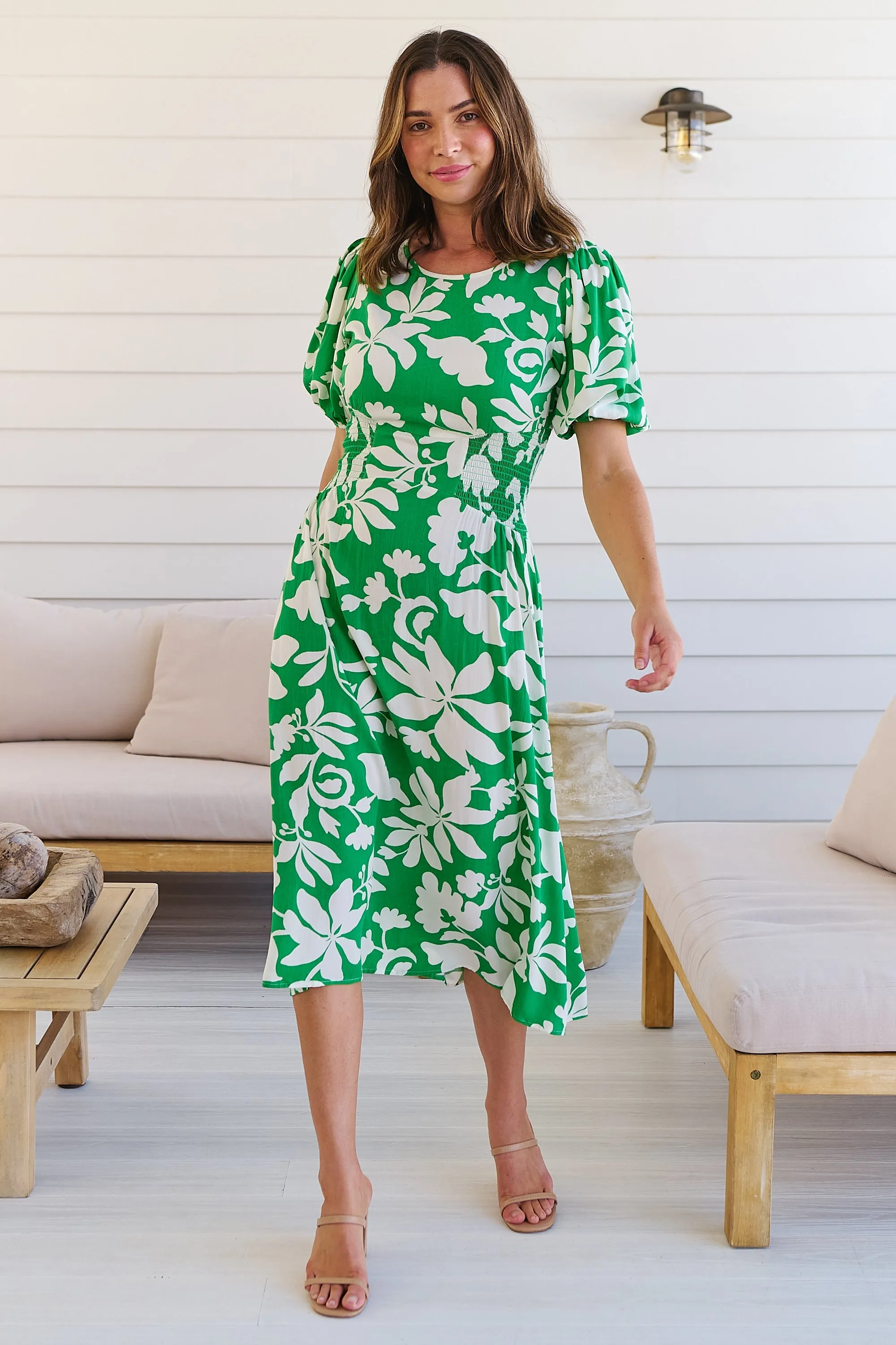 TeeTee Shirred Waist Bold Green Floral Dress