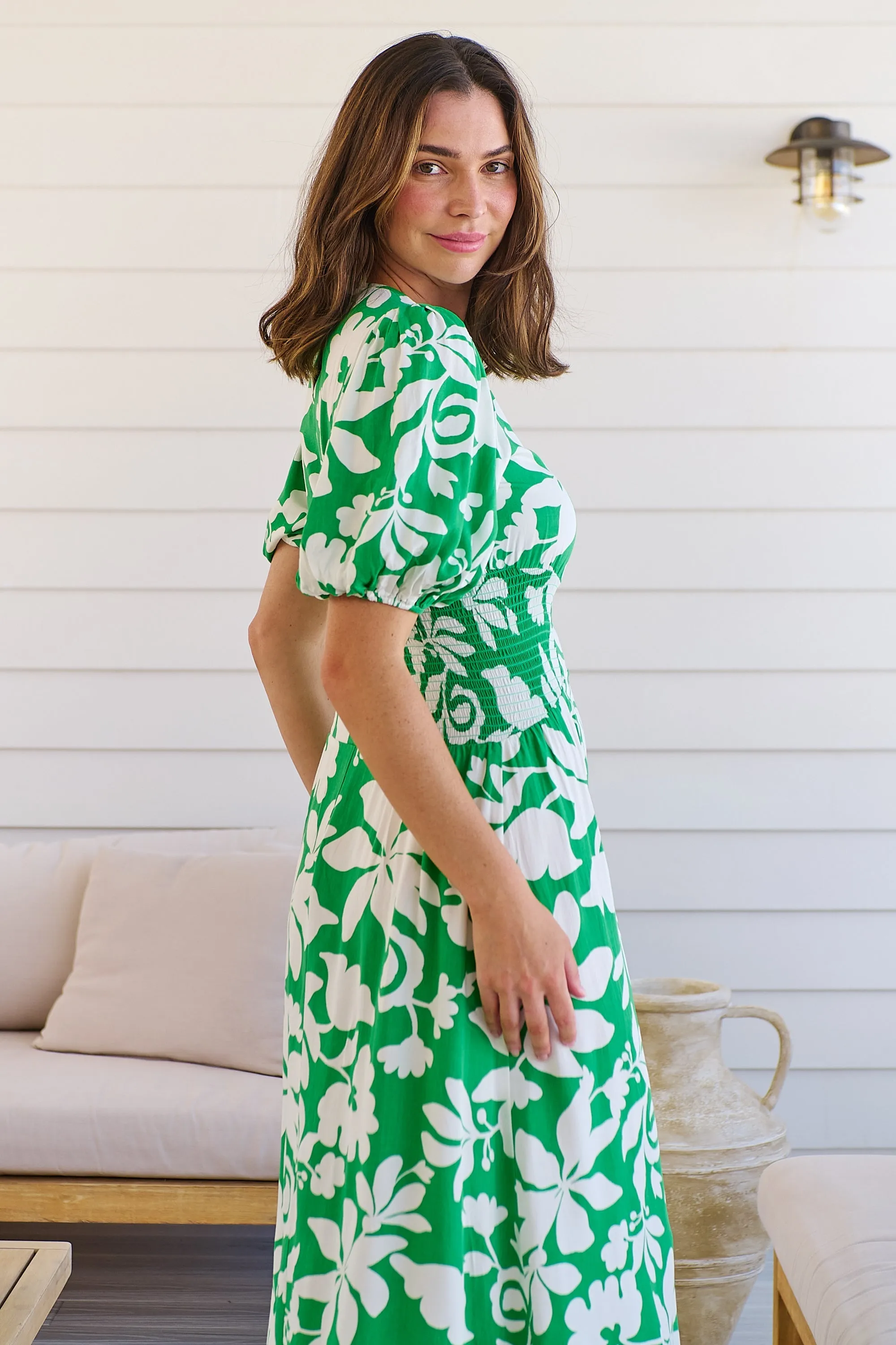 TeeTee Shirred Waist Bold Green Floral Dress