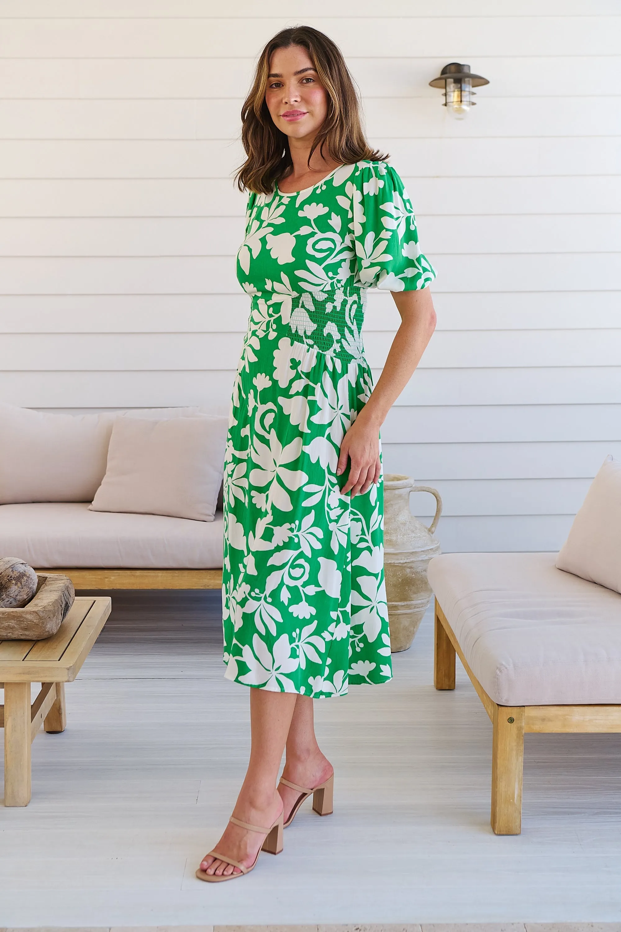 TeeTee Shirred Waist Bold Green Floral Dress