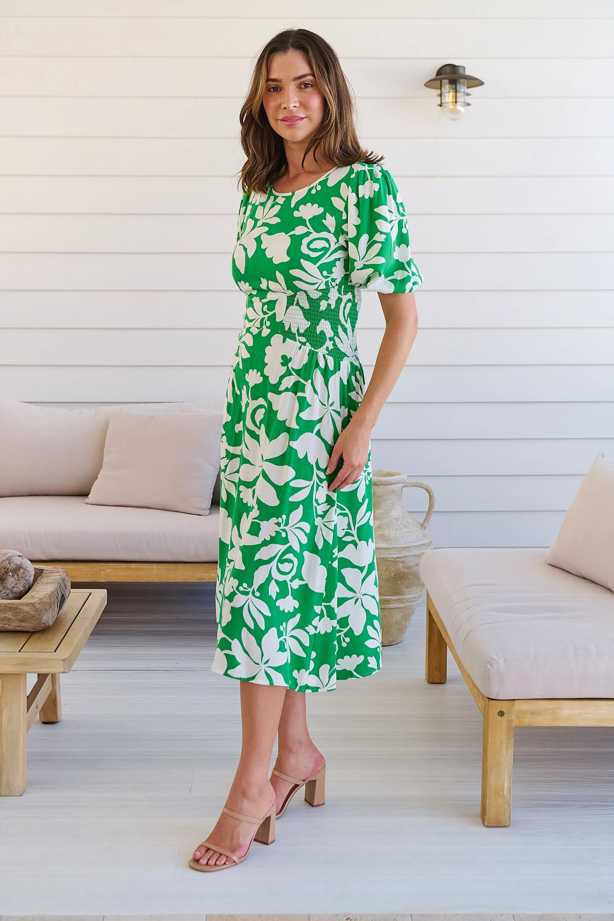 TeeTee Shirred Waist Bold Green Floral Dress