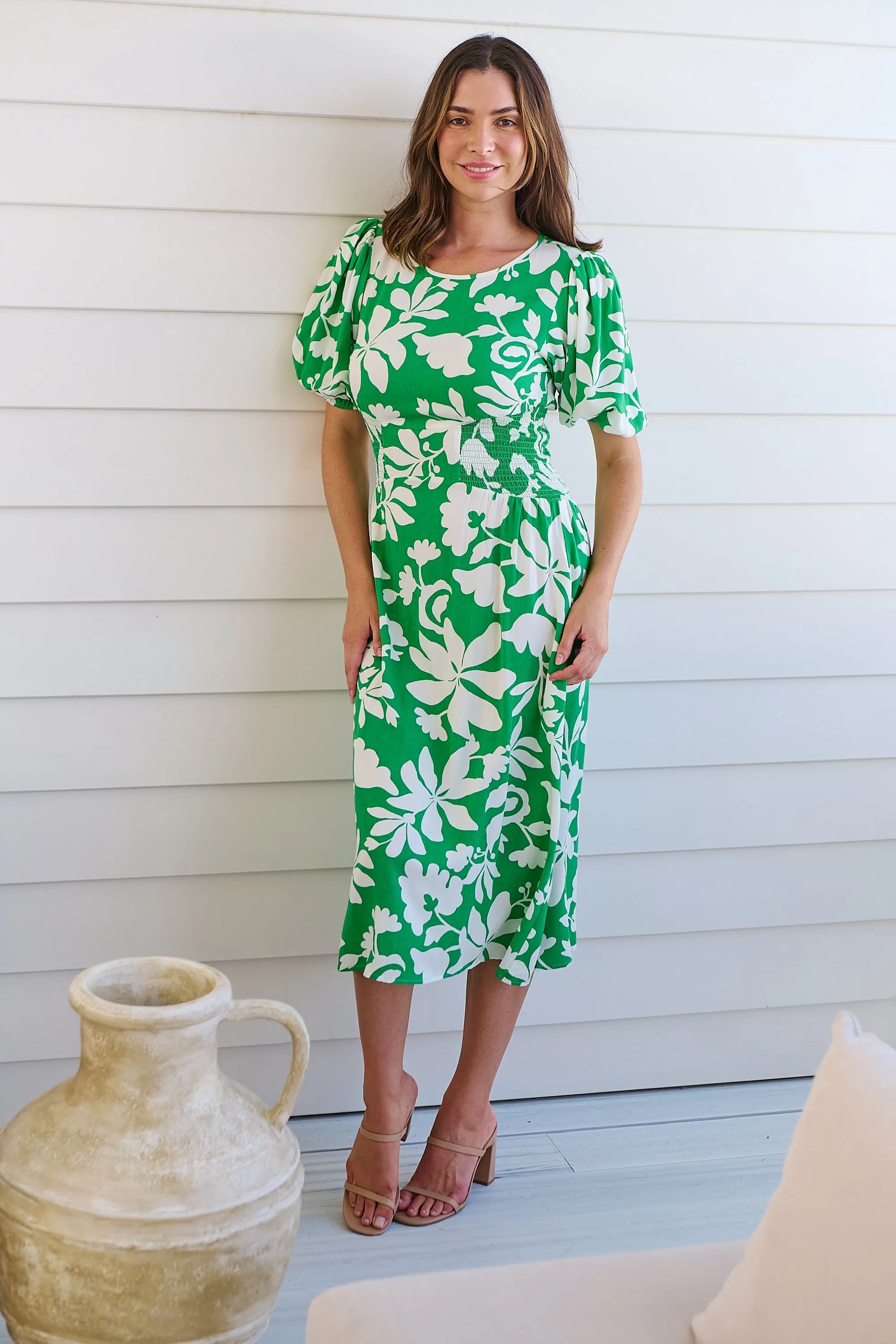 TeeTee Shirred Waist Bold Green Floral Dress