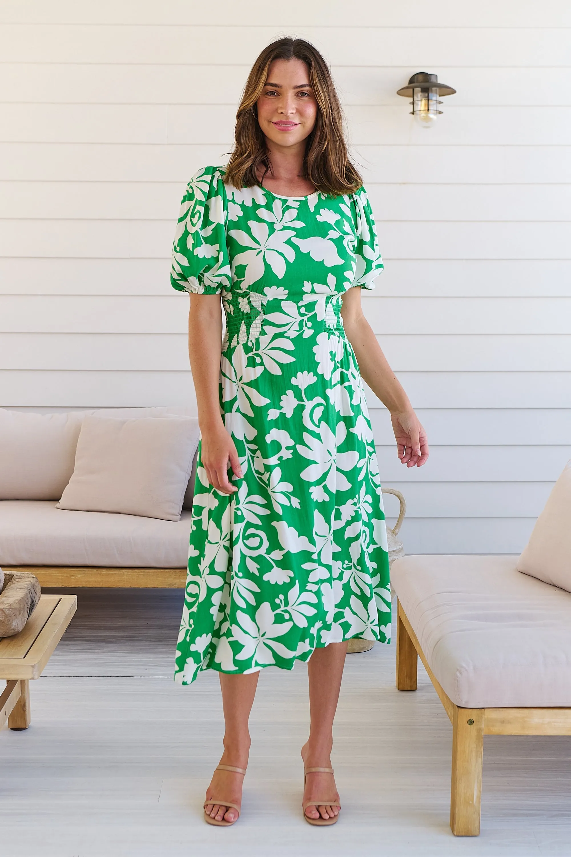 TeeTee Shirred Waist Bold Green Floral Dress