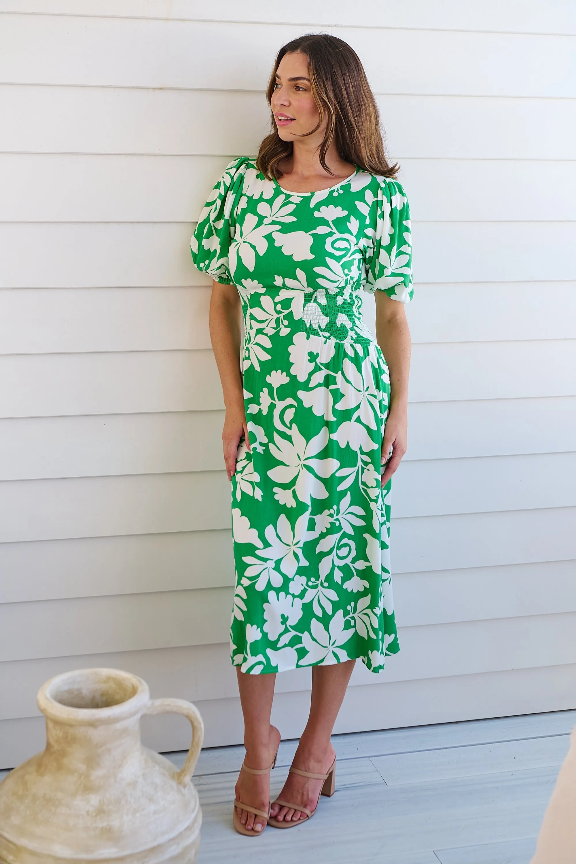 TeeTee Shirred Waist Bold Green Floral Dress