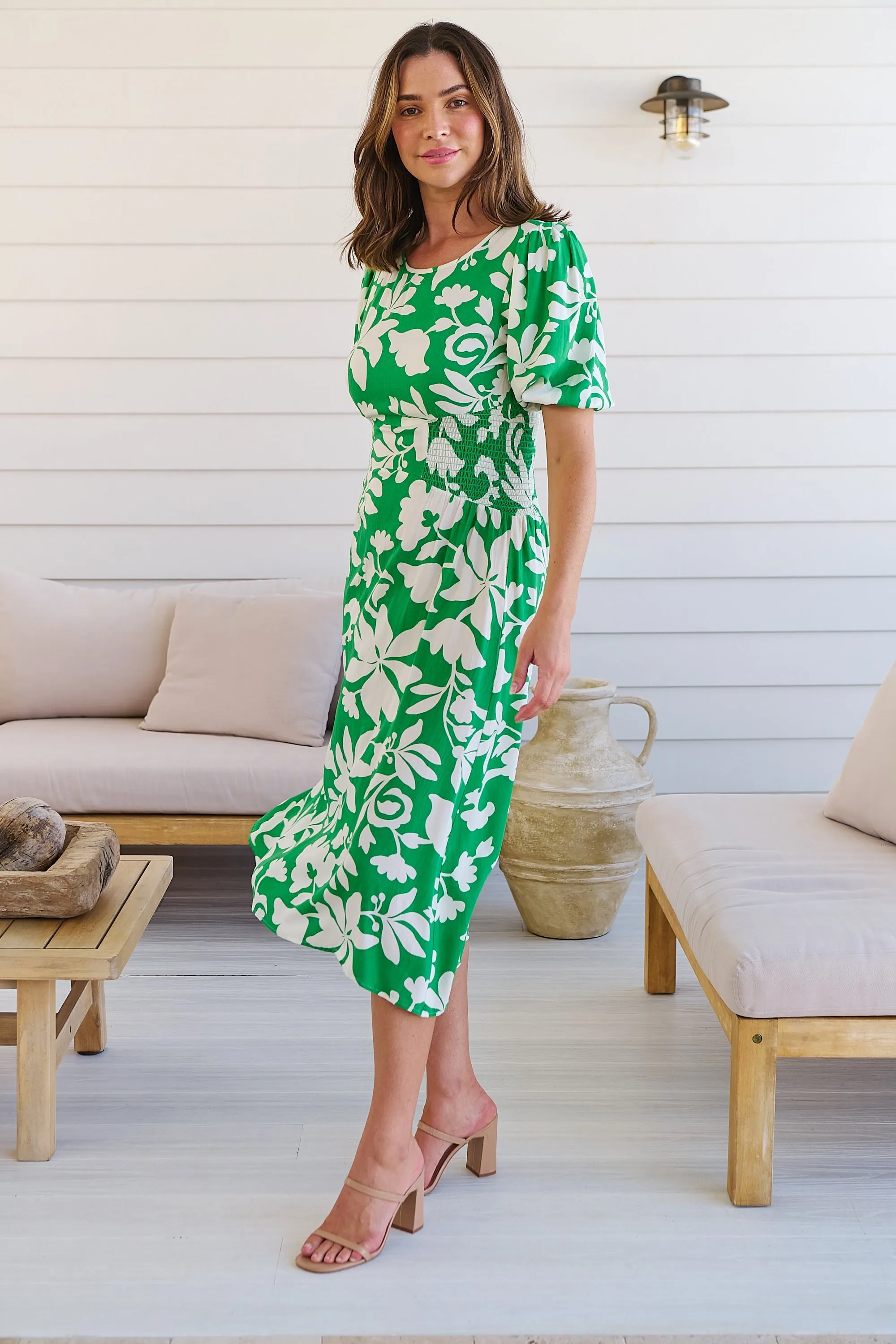 TeeTee Shirred Waist Bold Green Floral Dress