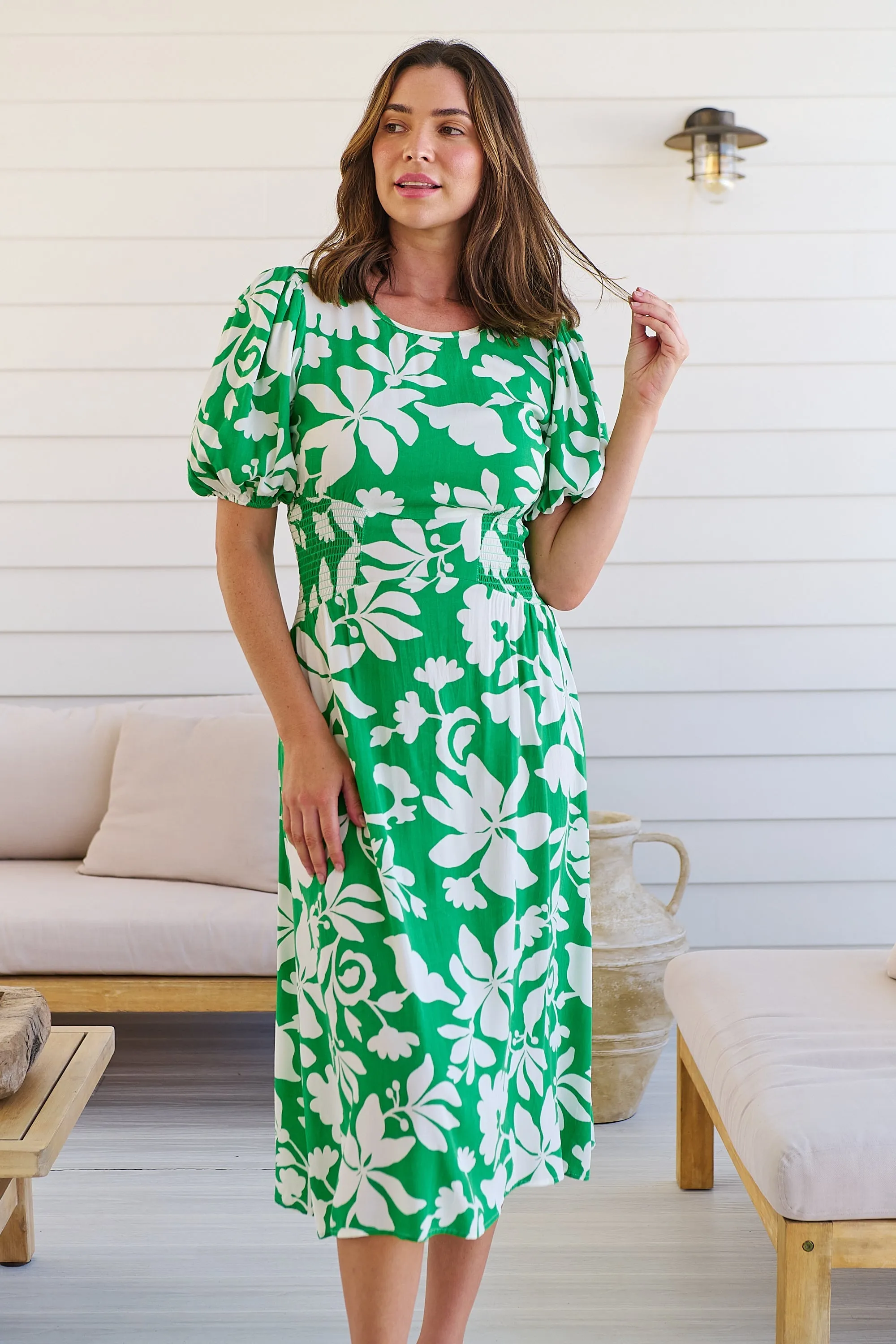 TeeTee Shirred Waist Bold Green Floral Dress