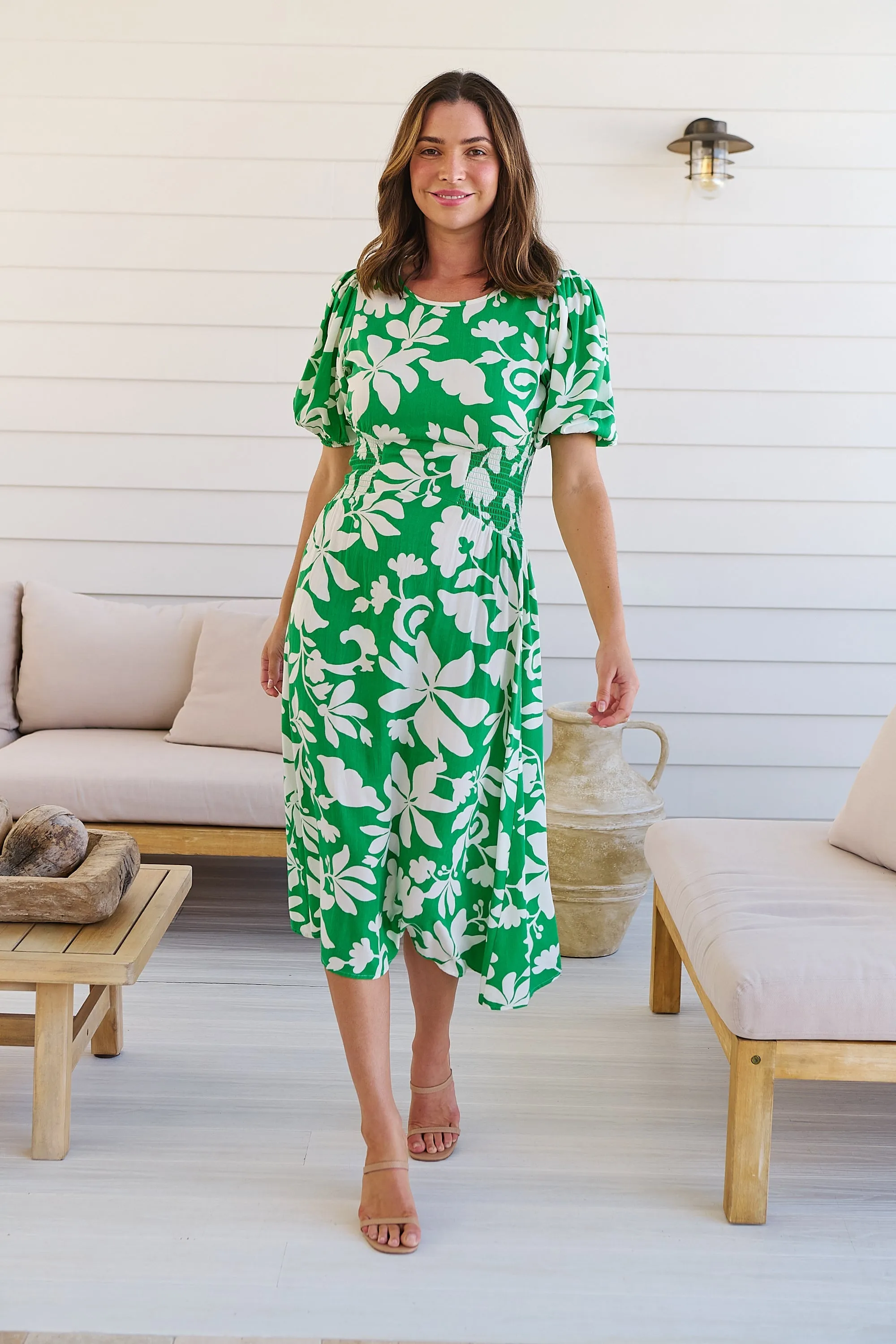 TeeTee Shirred Waist Bold Green Floral Dress