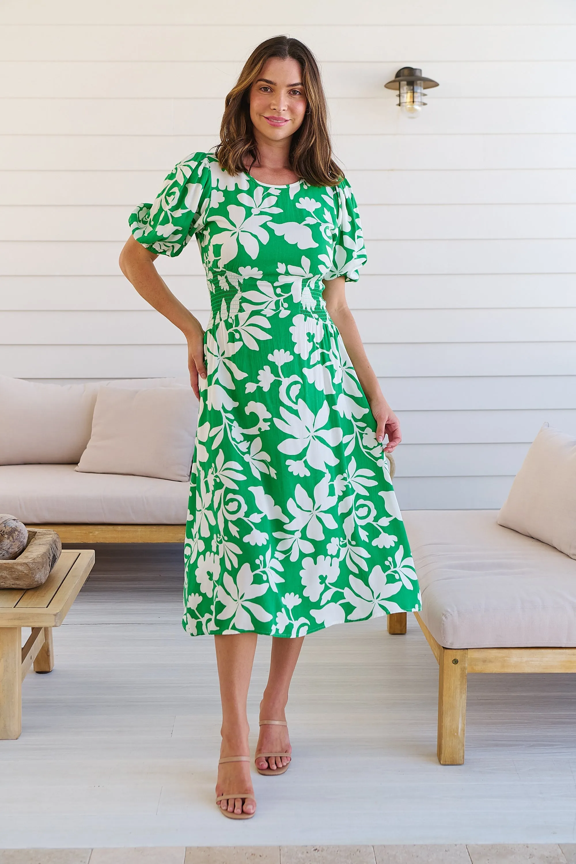 TeeTee Shirred Waist Bold Green Floral Dress