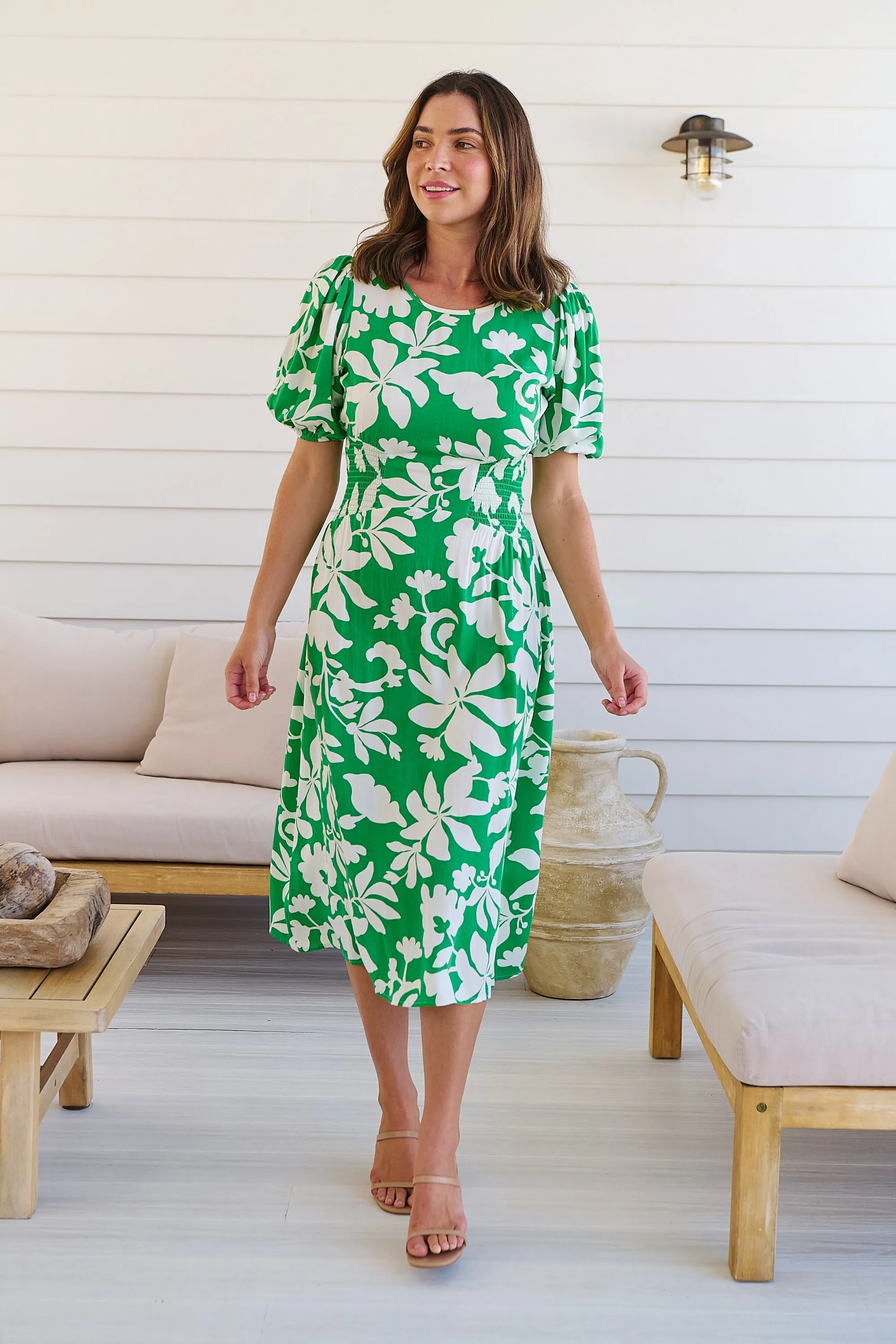 TeeTee Shirred Waist Bold Green Floral Dress