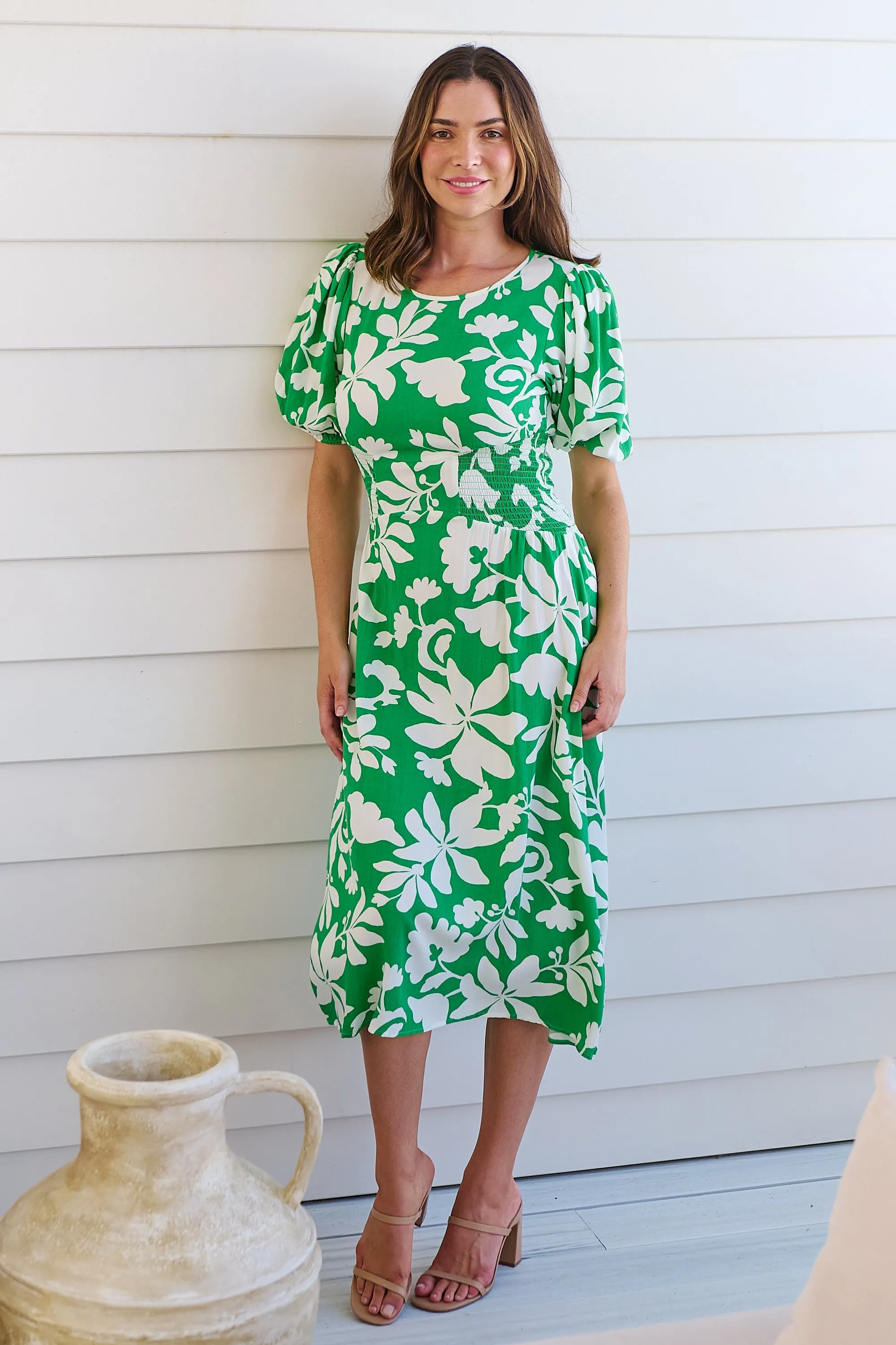 TeeTee Shirred Waist Bold Green Floral Dress