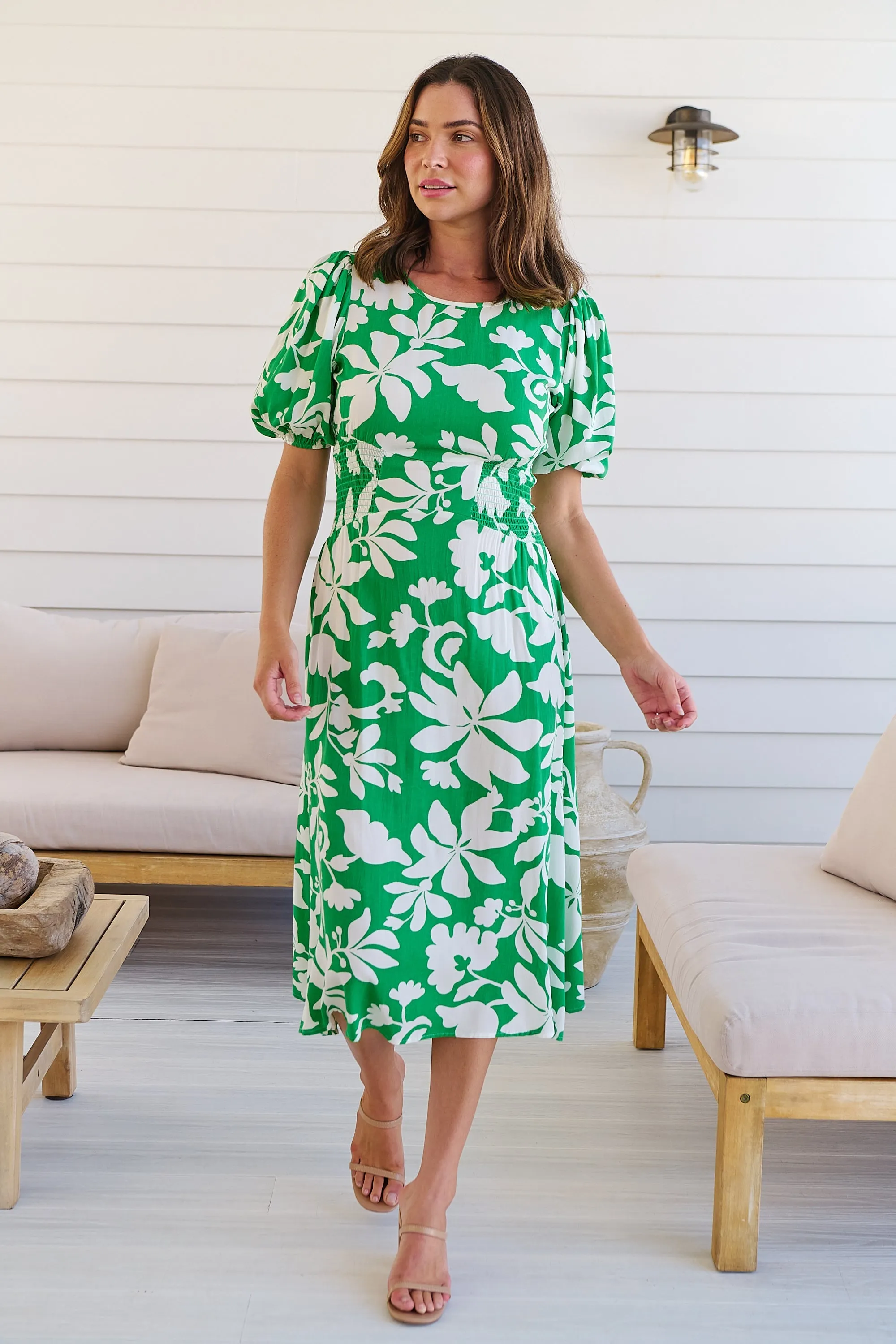 TeeTee Shirred Waist Bold Green Floral Dress