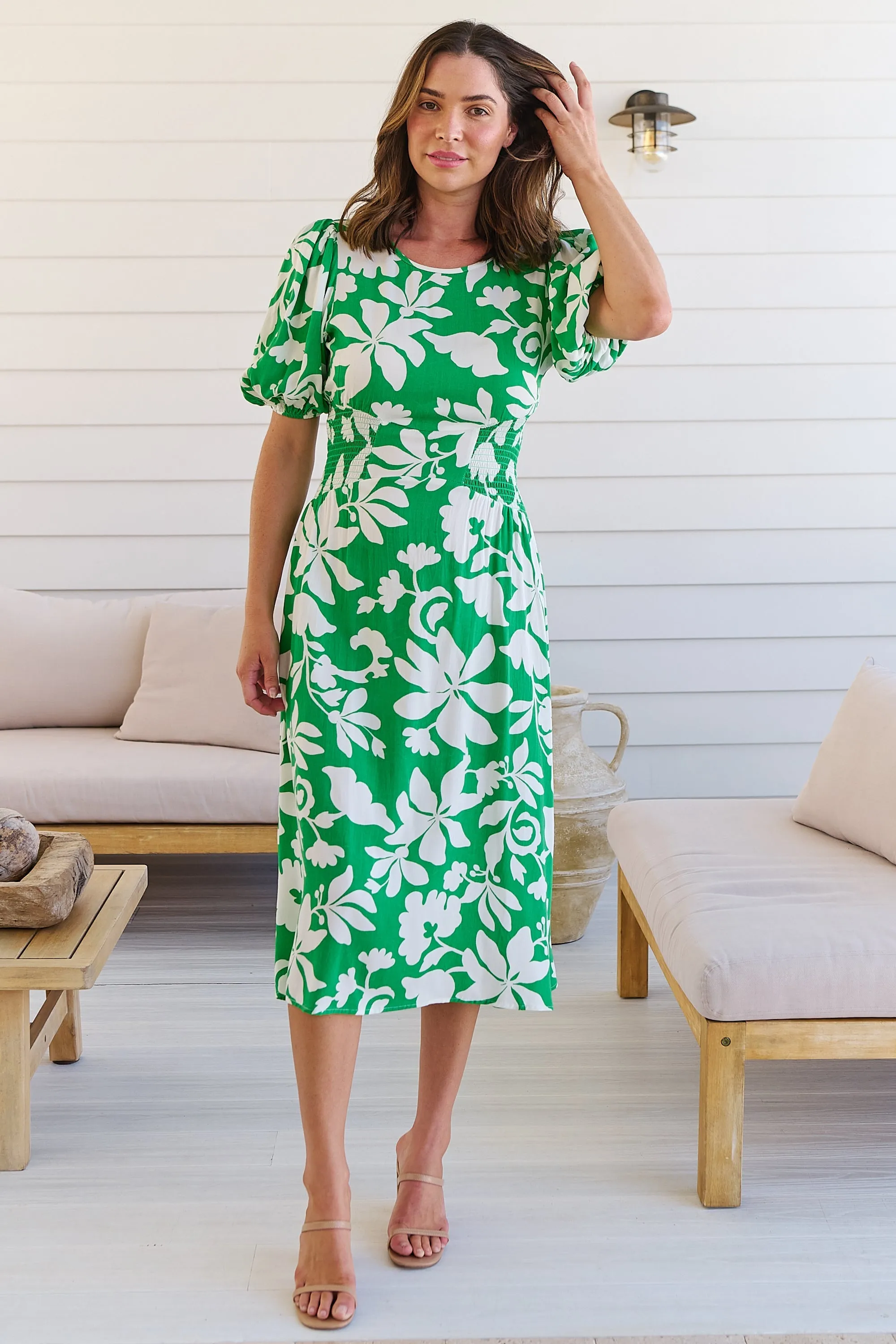 TeeTee Shirred Waist Bold Green Floral Dress