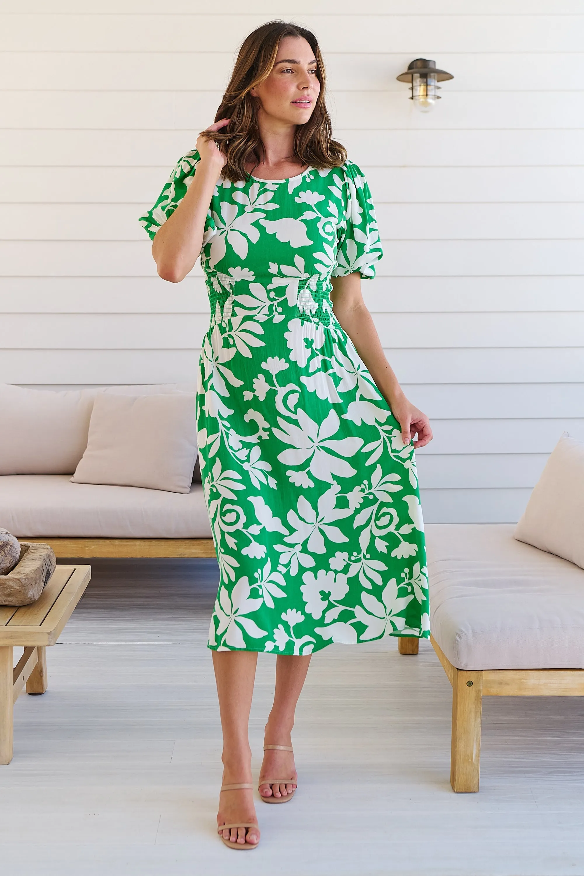 TeeTee Shirred Waist Bold Green Floral Dress