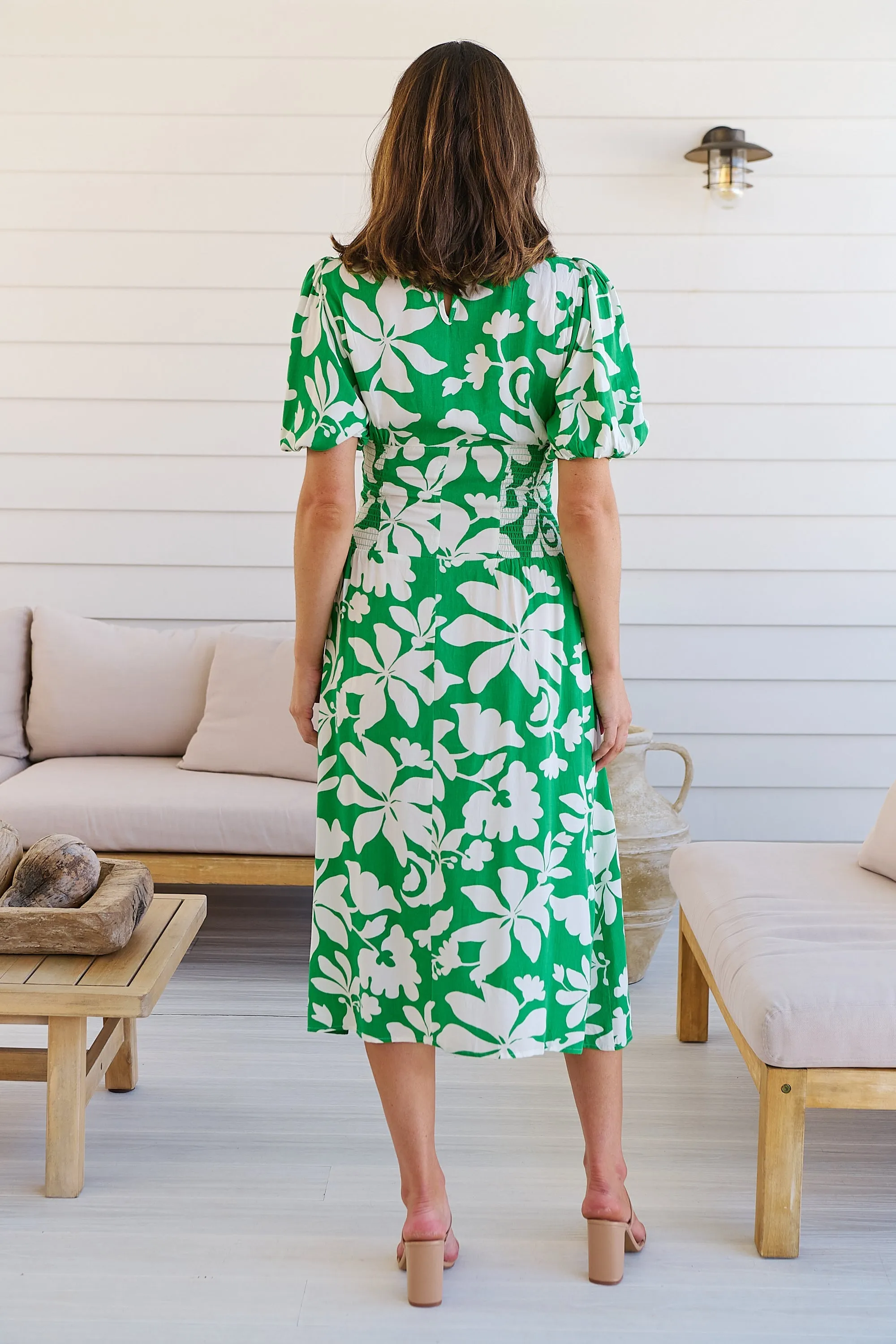 TeeTee Shirred Waist Bold Green Floral Dress