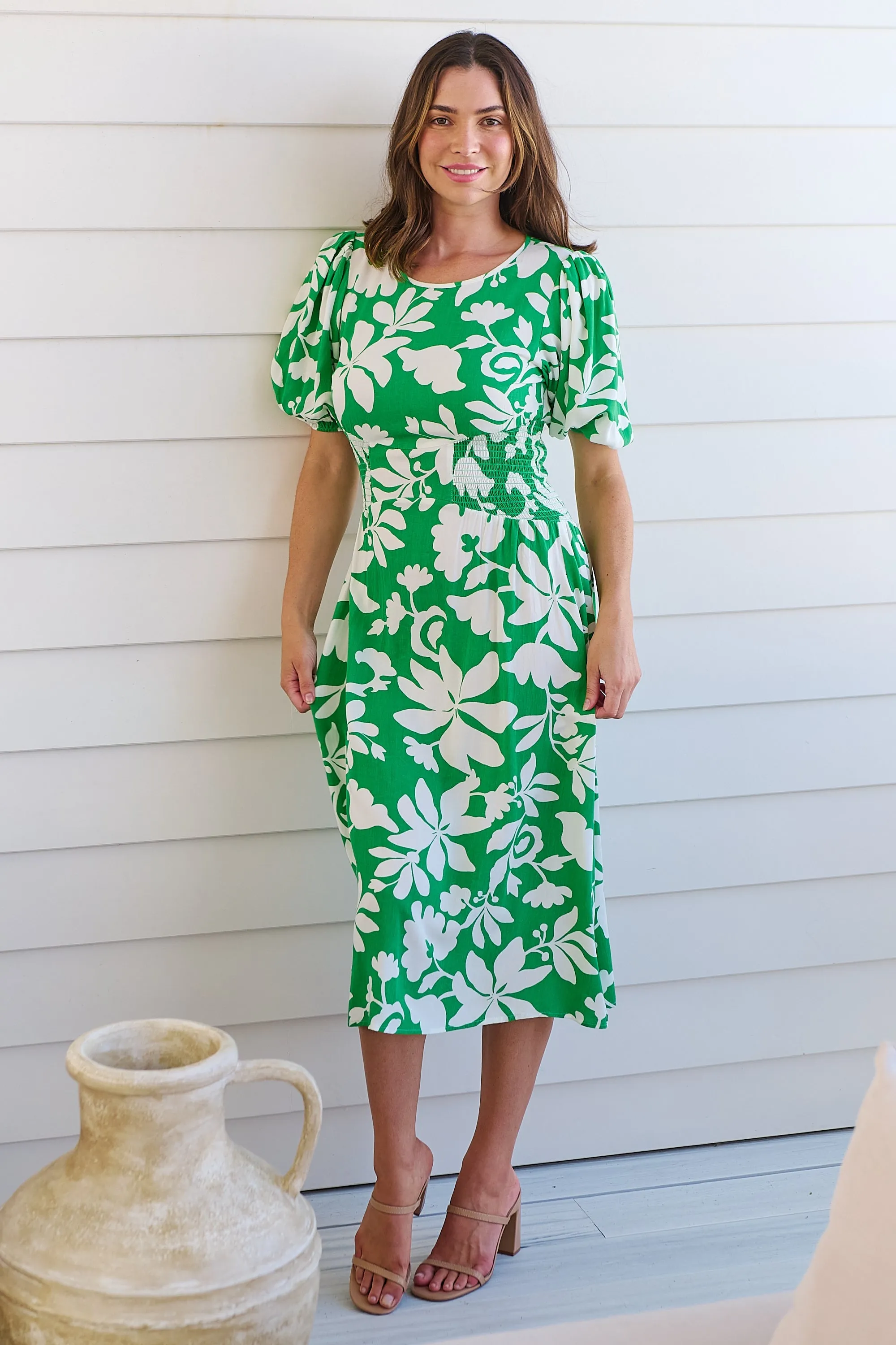 TeeTee Shirred Waist Bold Green Floral Dress