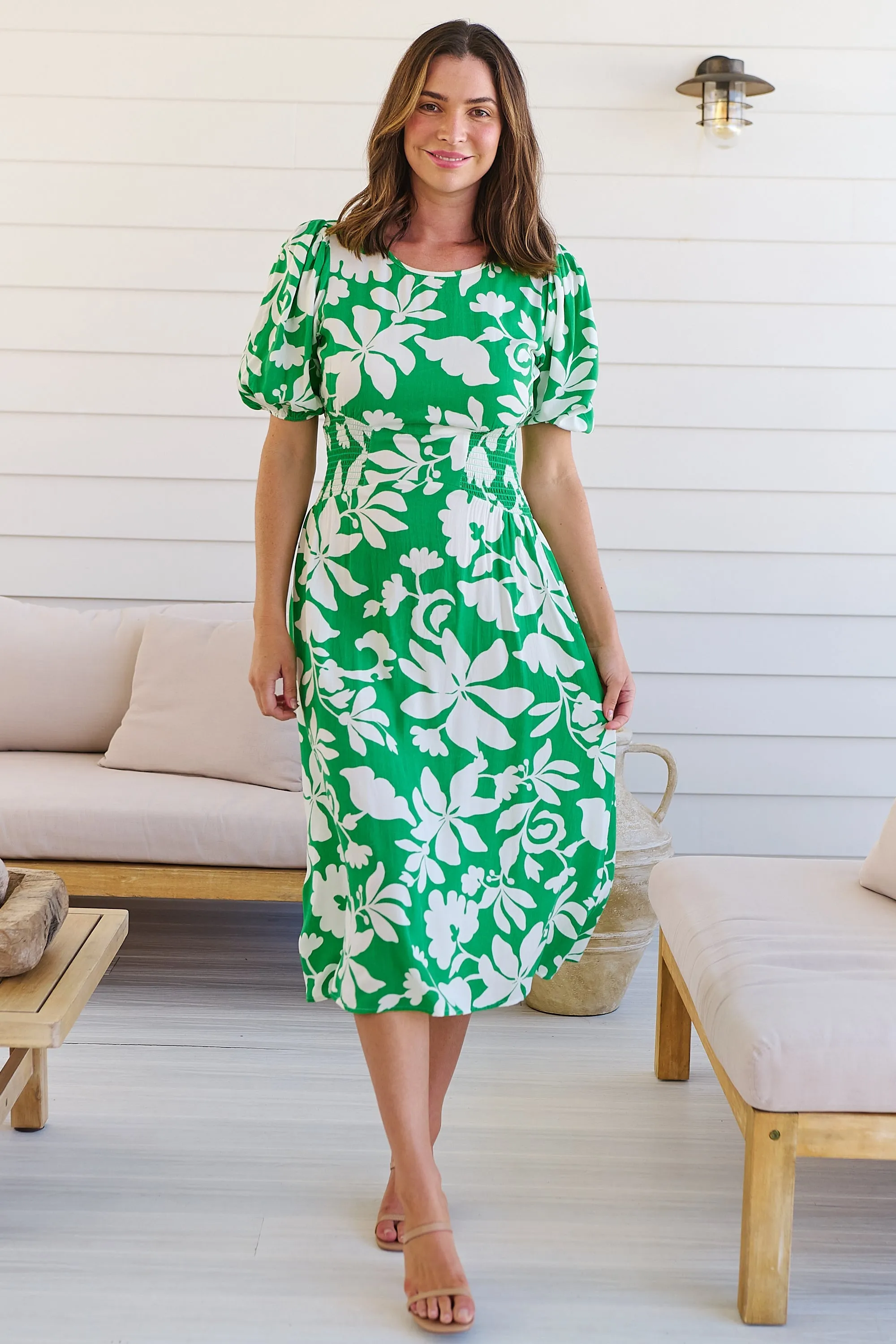 TeeTee Shirred Waist Bold Green Floral Dress