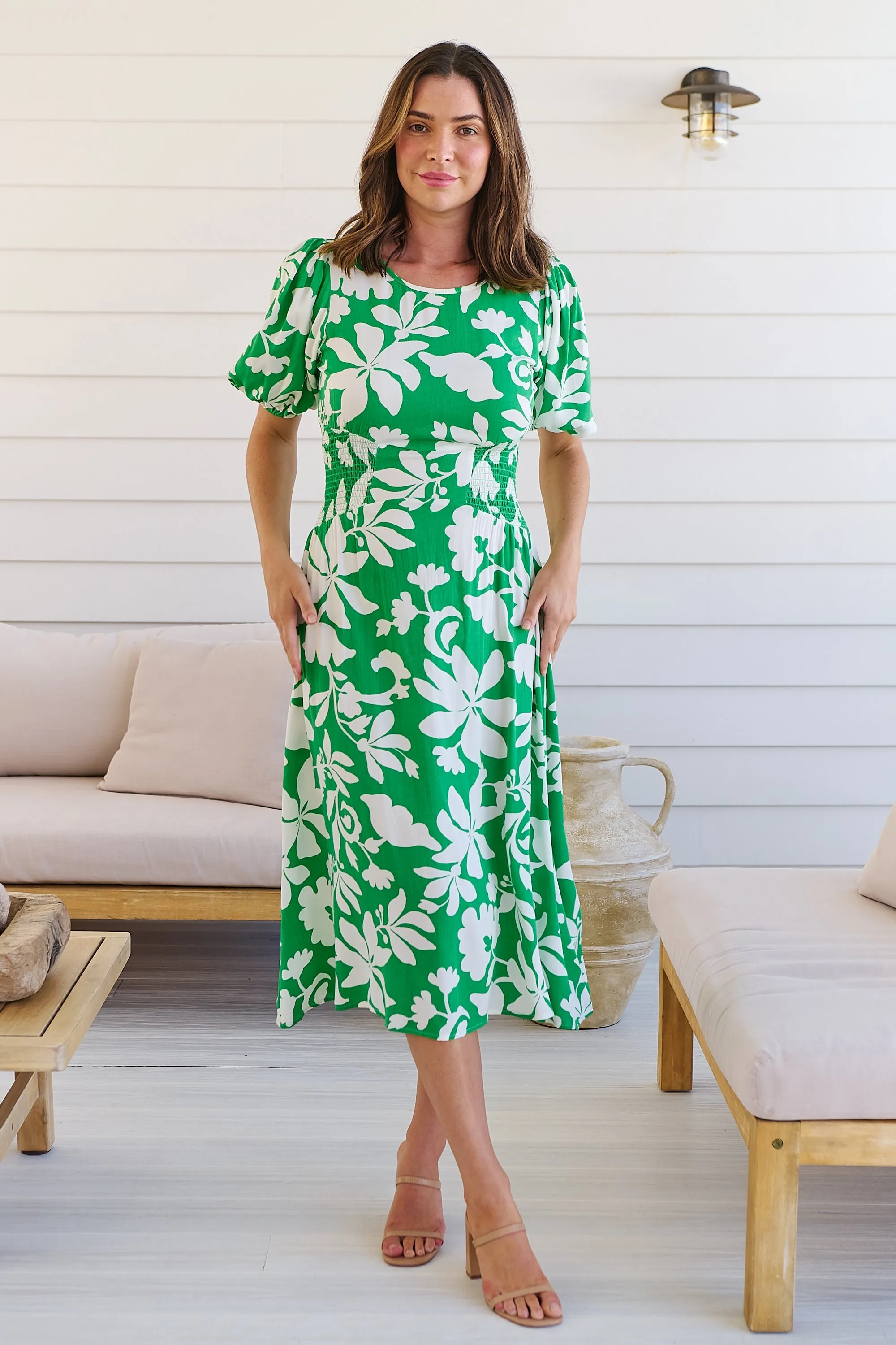 TeeTee Shirred Waist Bold Green Floral Dress