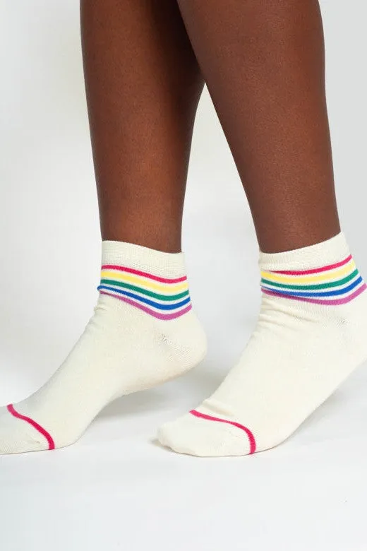 Thought Rainbow Stripe Tipped Short Bamboo Ankle Socks in Cream Rainbow