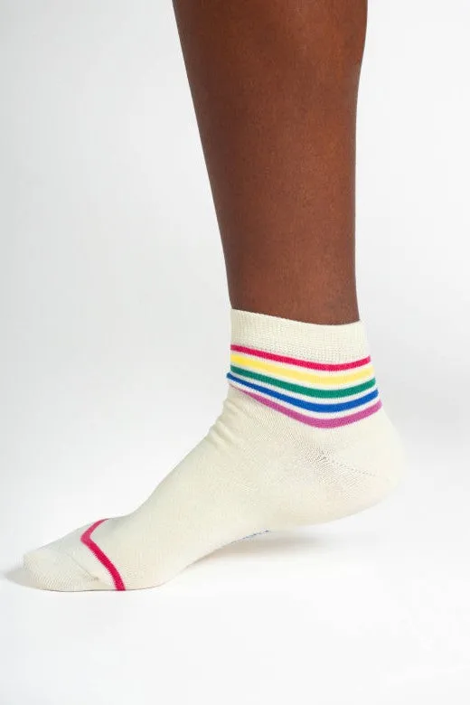 Thought Rainbow Stripe Tipped Short Bamboo Ankle Socks in Cream Rainbow