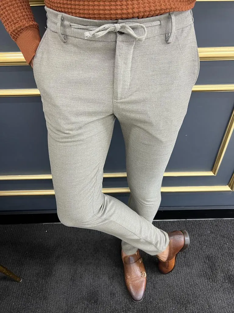 Thread Slim Fit Rope Detailed Dark Beige Trousers