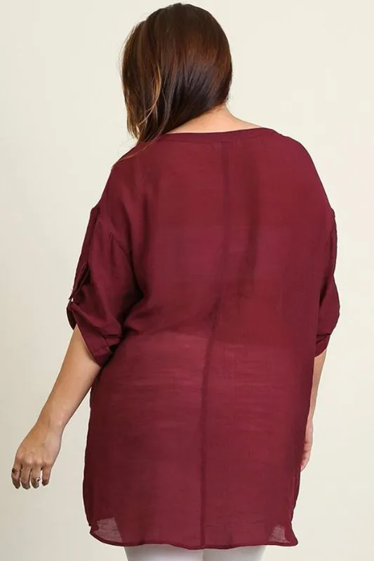 Umgee Roll-Up Sleeve Shift Tunic - Wine