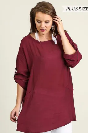 Umgee Roll-Up Sleeve Shift Tunic - Wine