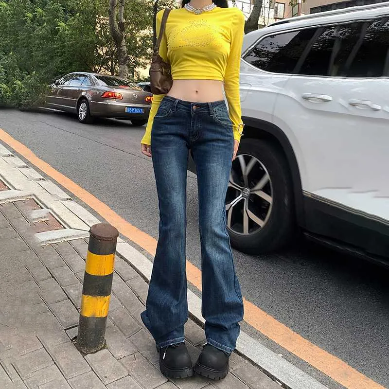 Uniwim 2000s fashion American Retro Low Waist Hot Girl Flared Pants Slim Slimming Stretch Jeans Women's Autumn and Winter Trousers Lengthened