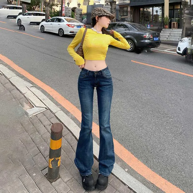 Uniwim 2000s fashion American Retro Low Waist Hot Girl Flared Pants Slim Slimming Stretch Jeans Women's Autumn and Winter Trousers Lengthened