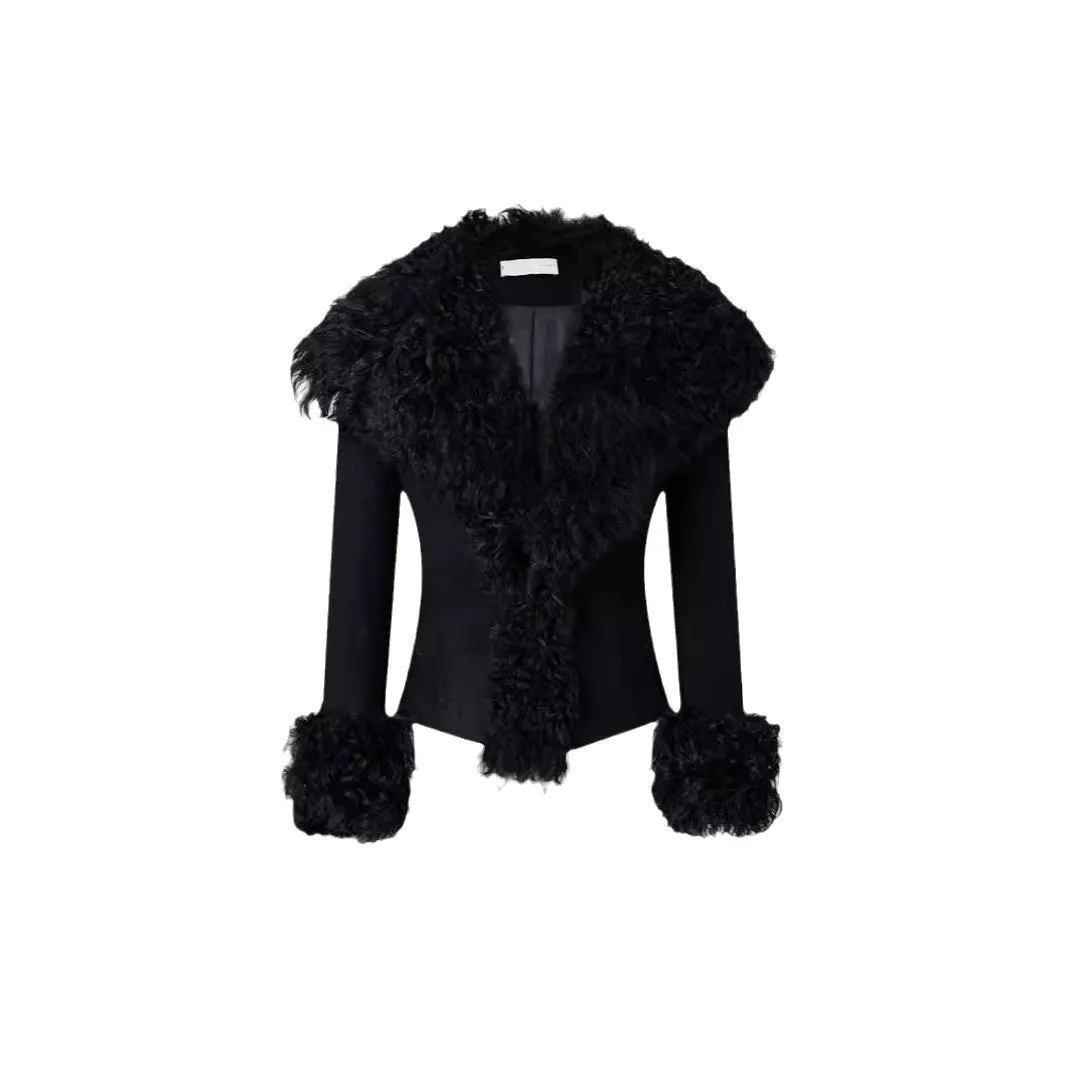 Uniwim cold weather outfits Style Niche Design Black High-End Fashionable Large Lapel Stitching Fur Collar Slim-Fit Short Autumn and Winter Coat for Women