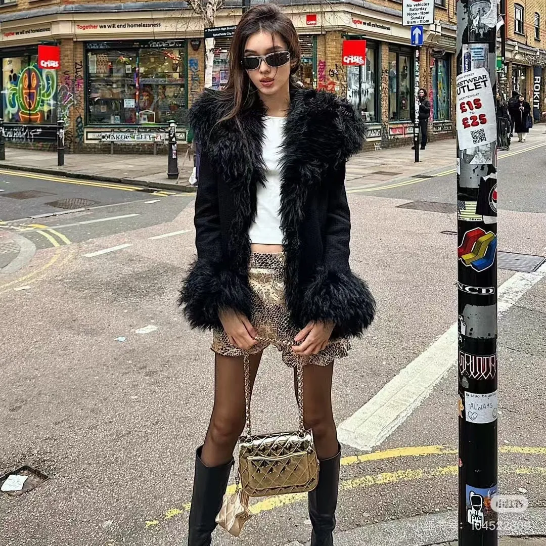 Uniwim cold weather outfits Style Niche Design Black High-End Fashionable Large Lapel Stitching Fur Collar Slim-Fit Short Autumn and Winter Coat for Women