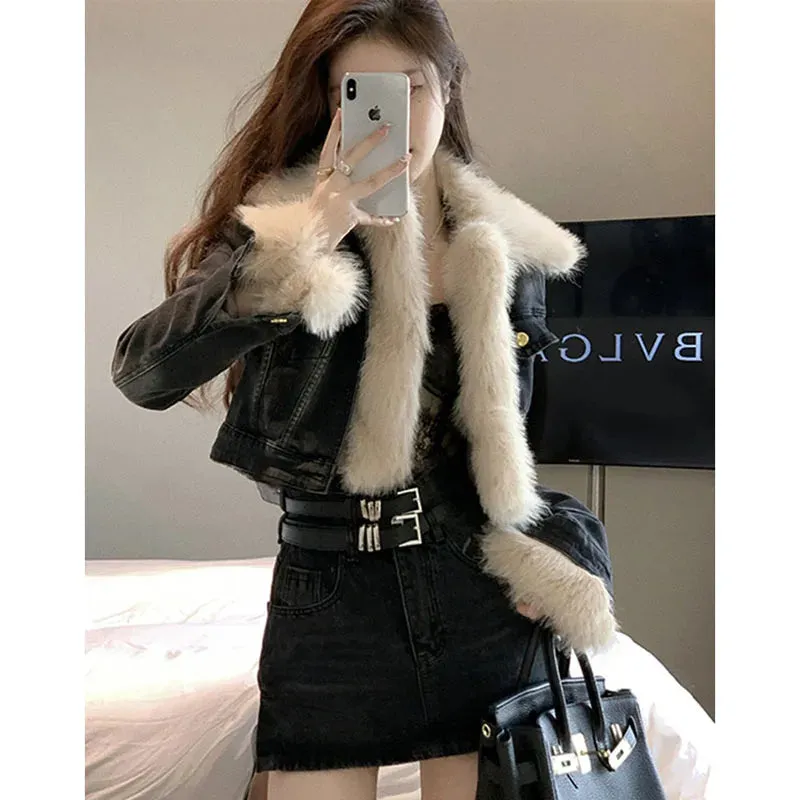 Uniwim Fur Collar Denim Jacket Women Y2k Streetwear Motorcycle Short Coat Vintage Long Sleeve Casual Outerwear New