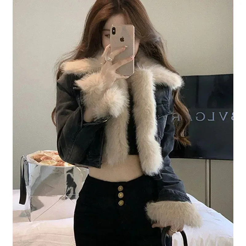 Uniwim Fur Collar Denim Jacket Women Y2k Streetwear Motorcycle Short Coat Vintage Long Sleeve Casual Outerwear New