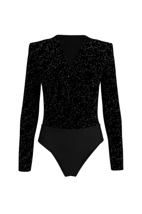 V-NECKLINE BODYSUIT IN BLACK VELET