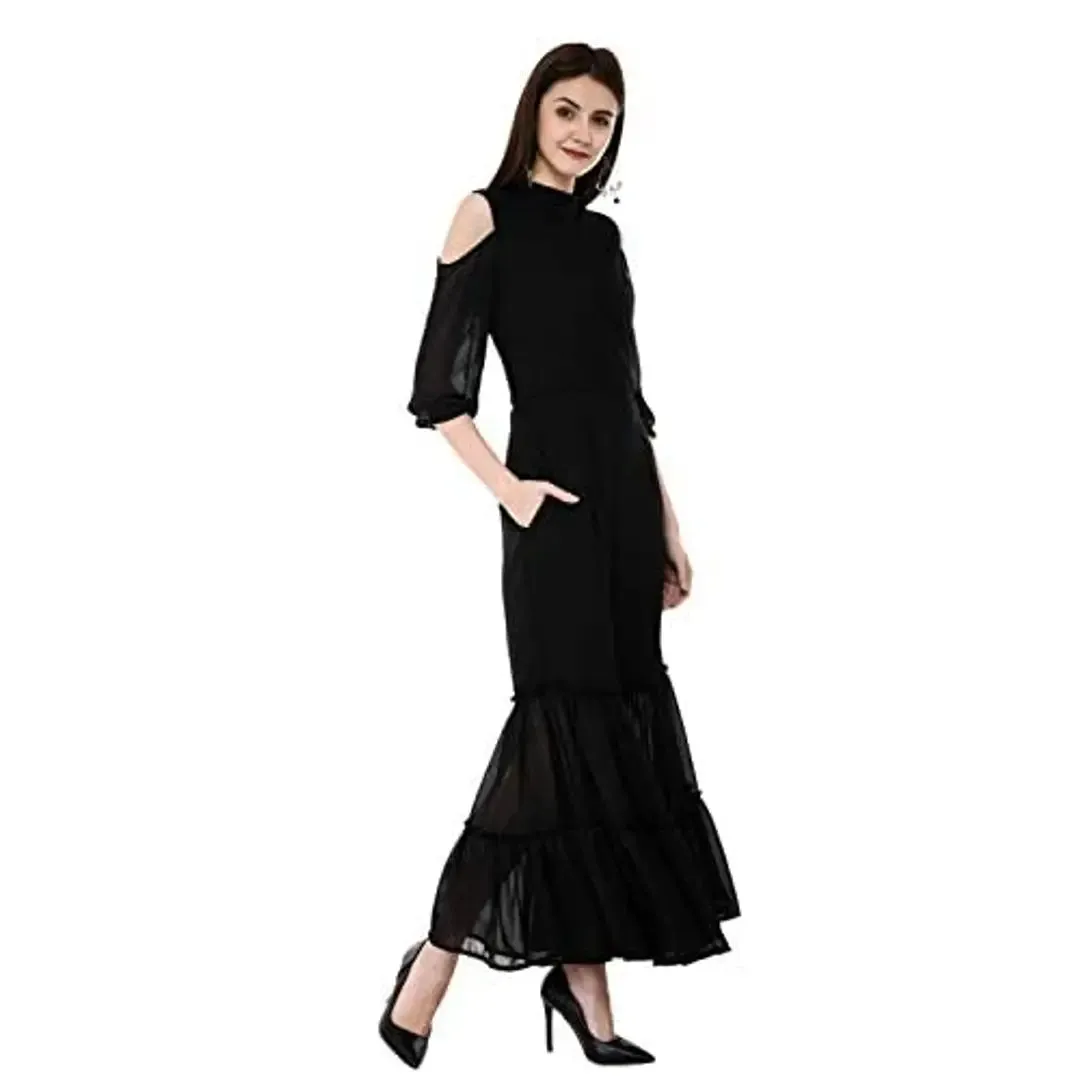 V&M Black Lace Cold Shoulder Sleeves Designer Indo Western Fusion Sharara Jumpsuit for Women (VM197)