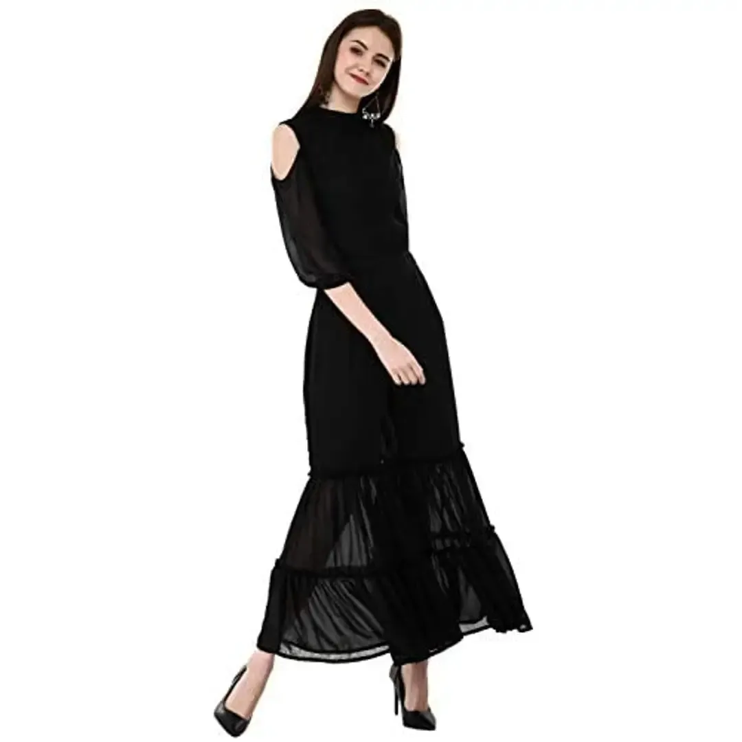 V&M Black Lace Cold Shoulder Sleeves Designer Indo Western Fusion Sharara Jumpsuit for Women (VM197)