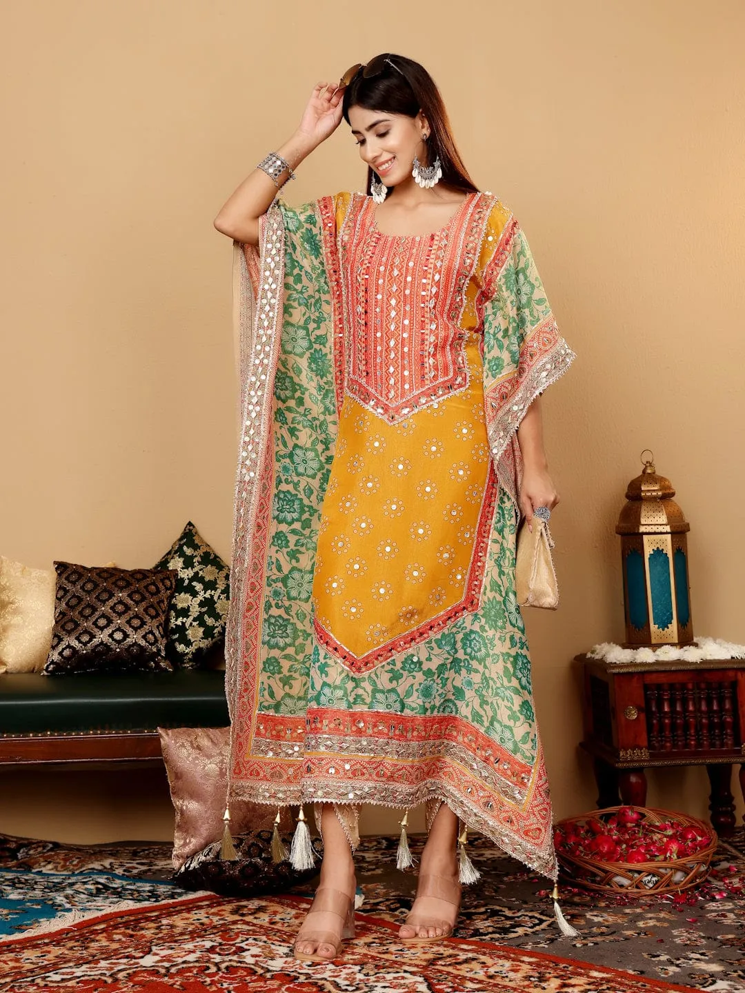 Varanga Women Mustard- Multi Colored Pure Silke Gotta And Mirror Embroidered Kaftan With Dhoti Pants