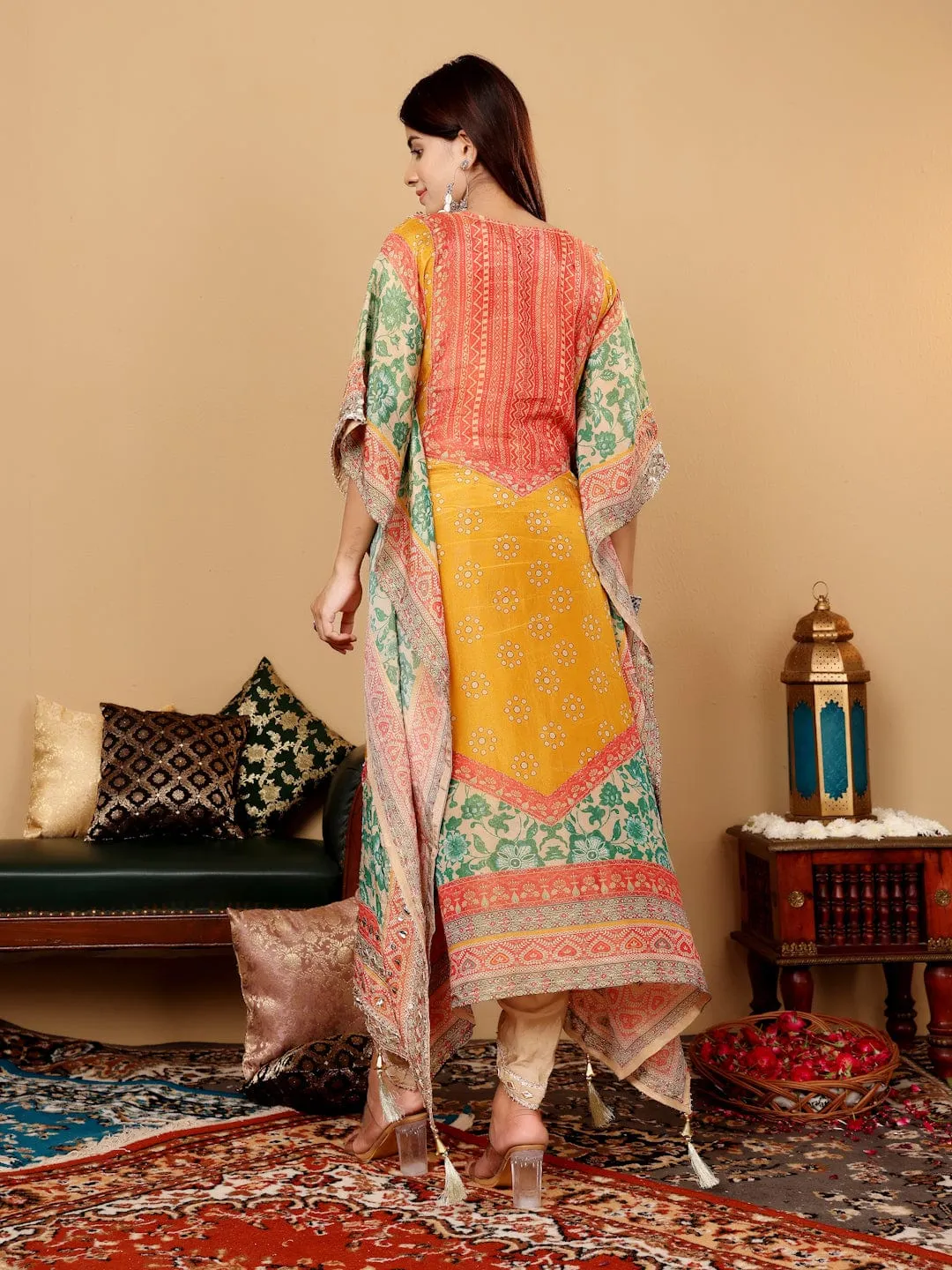 Varanga Women Mustard- Multi Colored Pure Silke Gotta And Mirror Embroidered Kaftan With Dhoti Pants