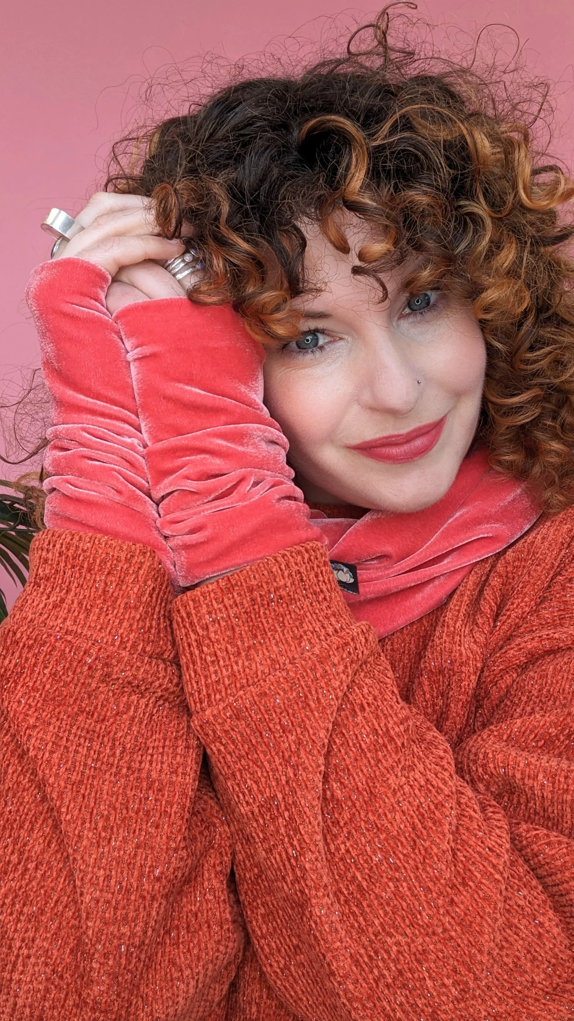 Velvet Cowl and Wrist Warmers Set in Salmon Pink