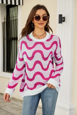 Wave Stripe Ribbed Trim Tunic Sweater