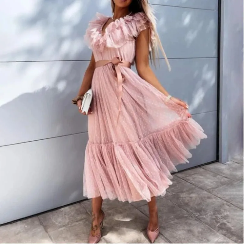 Wenkouban Casual Tie-Up Belt Lace Ruffle Party Dress Summer Sexy V-Neck Mesh Sheer Long Dress Women Elegant Butterfly Sleeve Dress Vestido