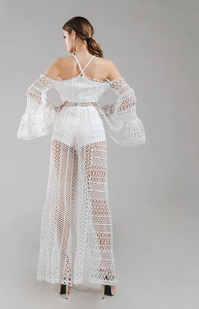 White Cold Shoulder Lace Crochet Jumpsuit