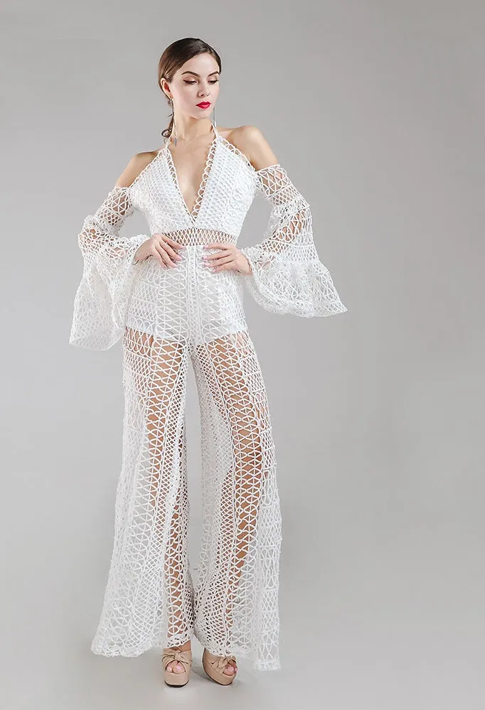 White Cold Shoulder Lace Crochet Jumpsuit