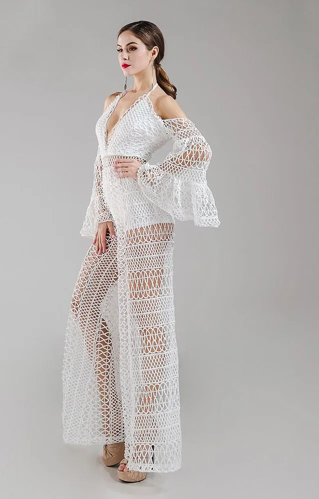 White Cold Shoulder Lace Crochet Jumpsuit