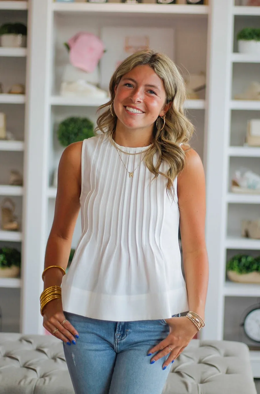 White Sleeveless Pintuck Tunic Top