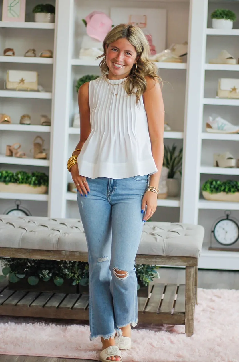 White Sleeveless Pintuck Tunic Top